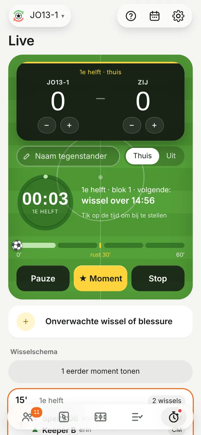 Het Live-scherm van voetbal.wissel met klok, stand en de volgende wissel